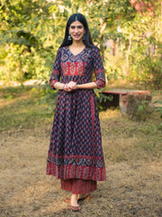 Noori Ajrakh Black Cotton Flared Kurta Pant Set