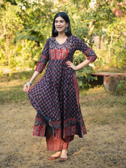 Noori Ajrakh Black Cotton Flared Kurta Pant Set