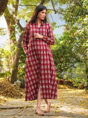Rihanaa Maroon Cotton Block Printed Button-Down Dress