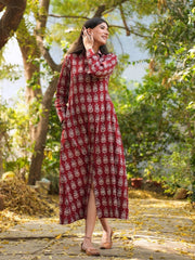 Rihanaa Maroon Cotton Block Printed Button-Down Dress