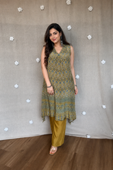 Raya Ajrakh Natural Crepe Silk Tail-Cut Kurta Pair