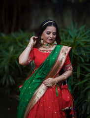 Pastel Red Jacquard Silk Weaving Zari Work Lehenga Choli Dupatta With Purse