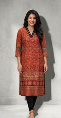 Mahi Ajrakh Printed Real Mirror A-Line kurtis