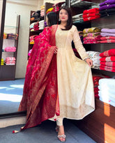Dashing White Pure Banana Silk Anarkali Suit Set.