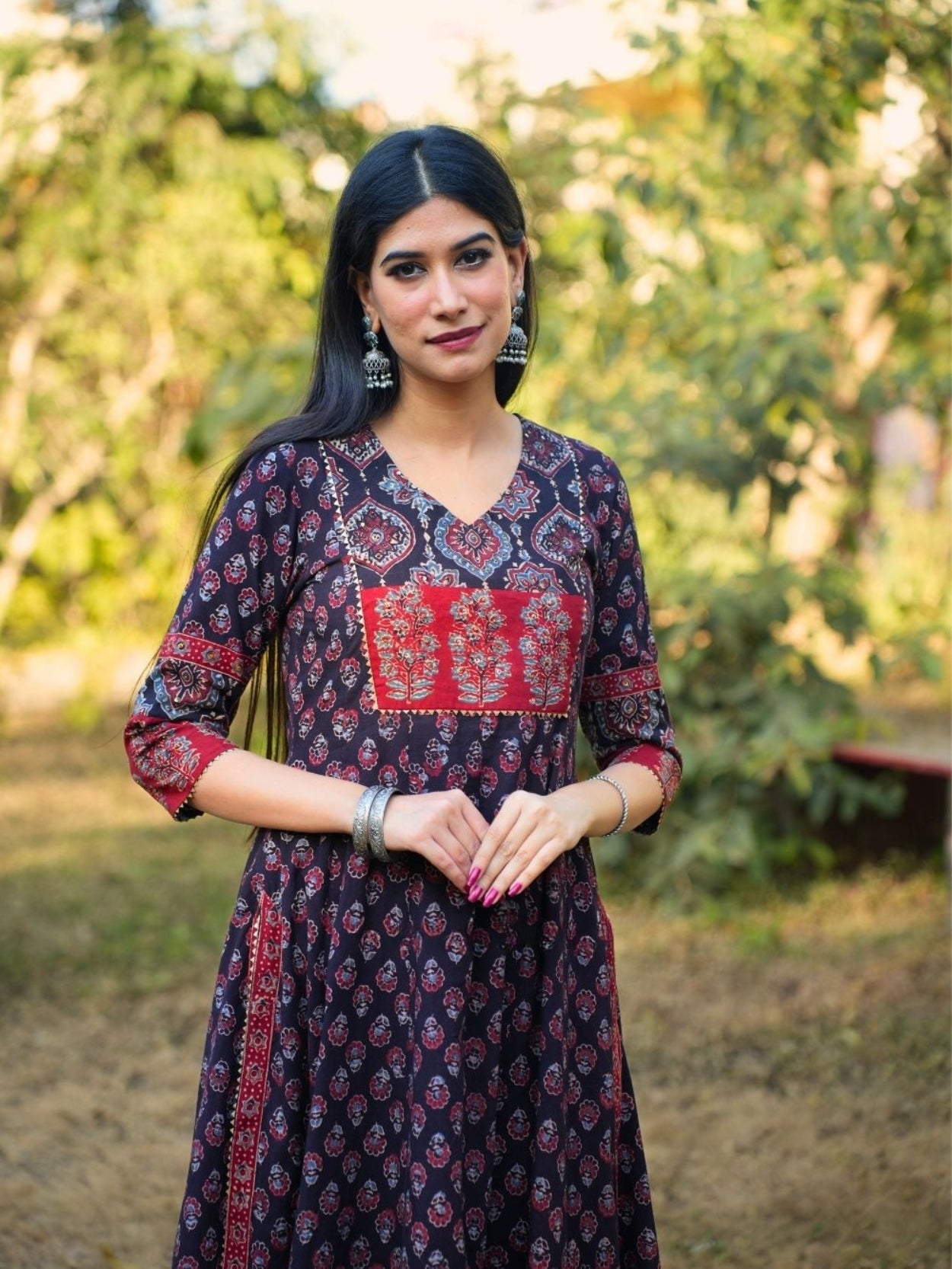 Noori Ajrakh Black Cotton Flared Kurta Pant Set
