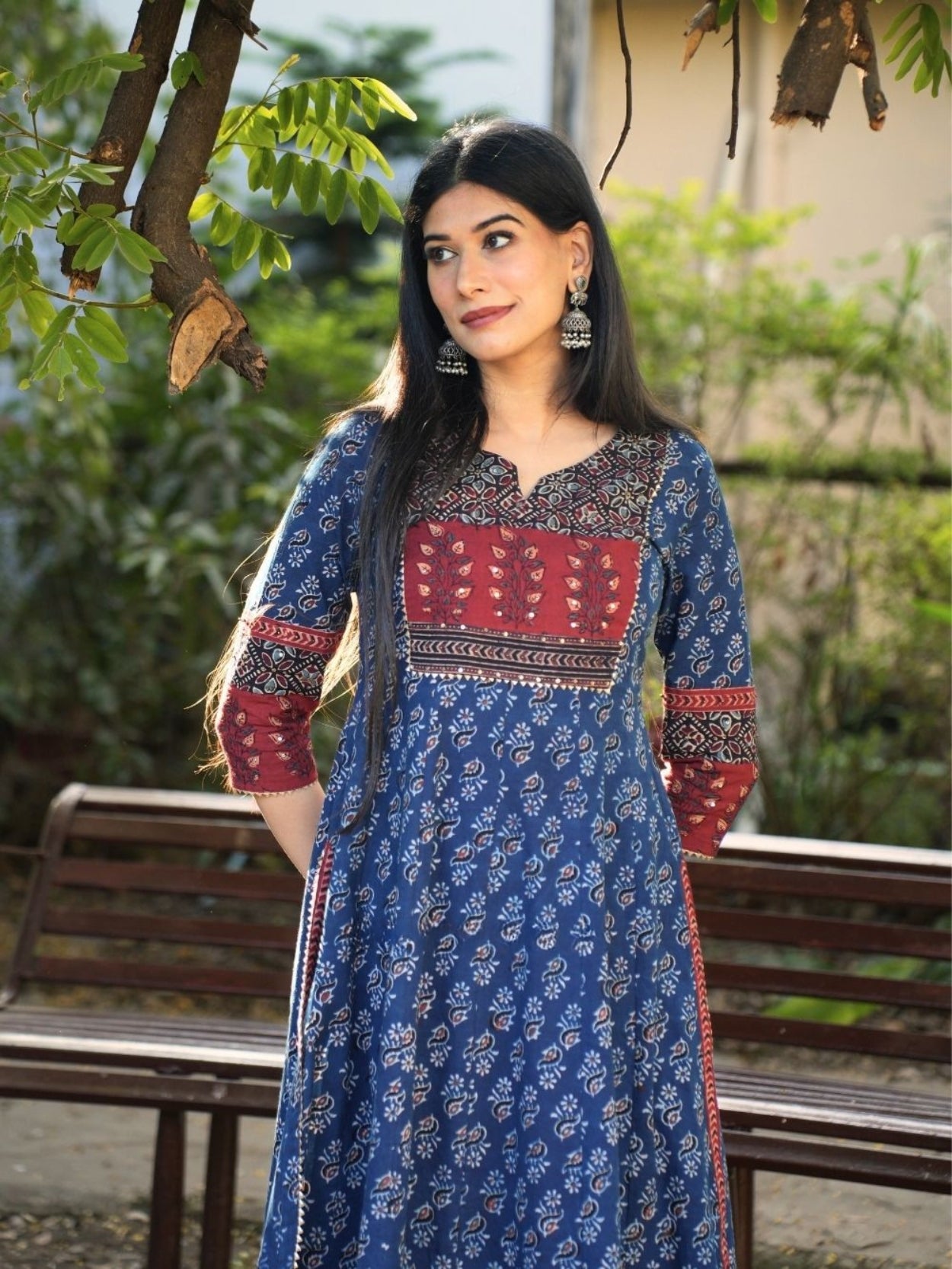 Noori Ajrakh Blue Cotton Flared Kurta Pant Set
