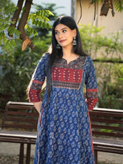 Noori Ajrakh Blue Cotton Flared Kurta Pant Set