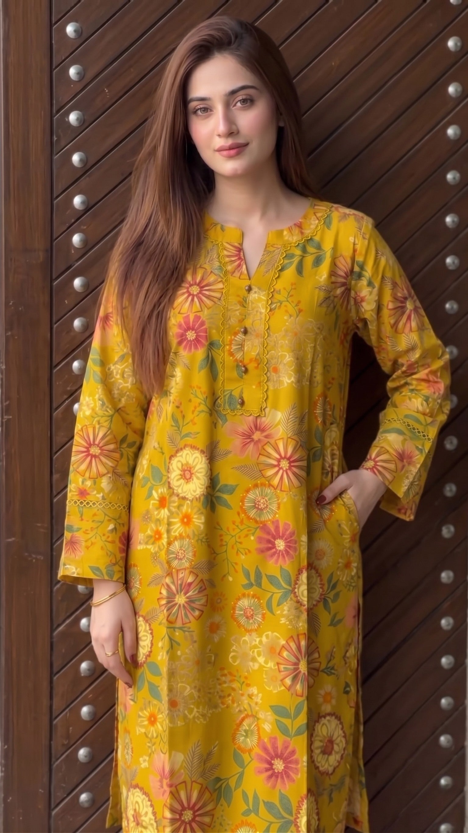 Zuri Cotton Silk Summer Floral Long Yellow Kurta