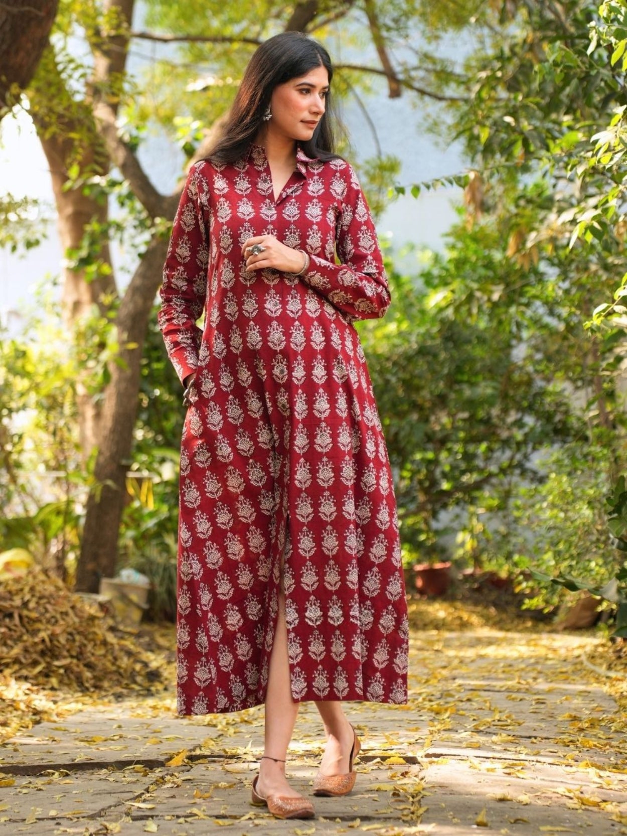 Rihanaa Maroon Cotton Block Printed Button-Down Dress