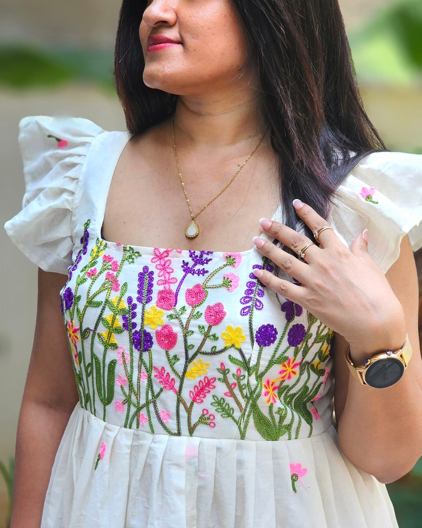 Floral Embroidered Puff Sleeve Empire Frock