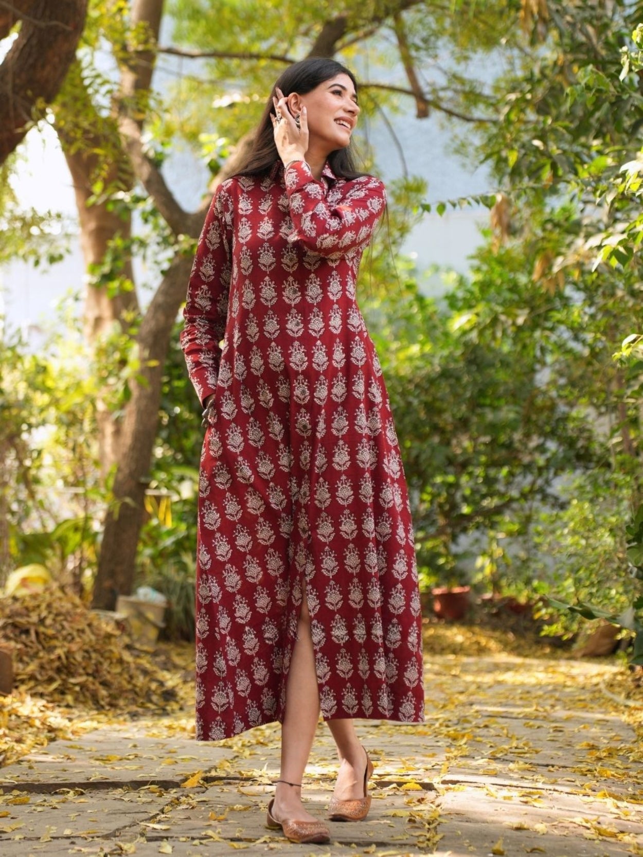 Rihanaa Maroon Cotton Block Printed Button-Down Dress