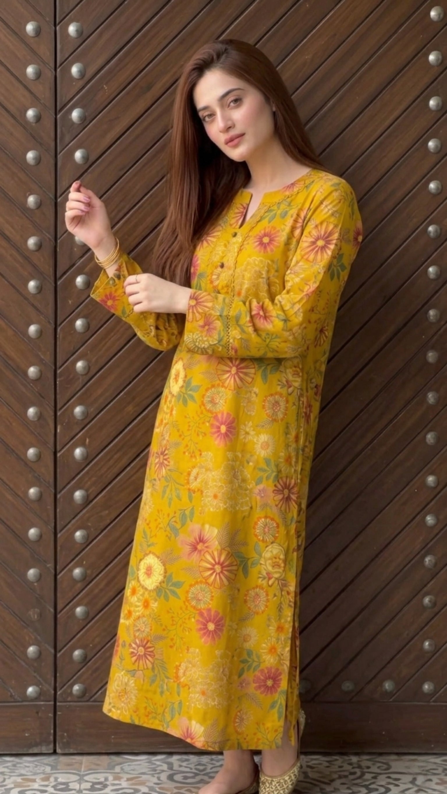 Zuri Cotton Silk Summer Floral Long Yellow Kurta