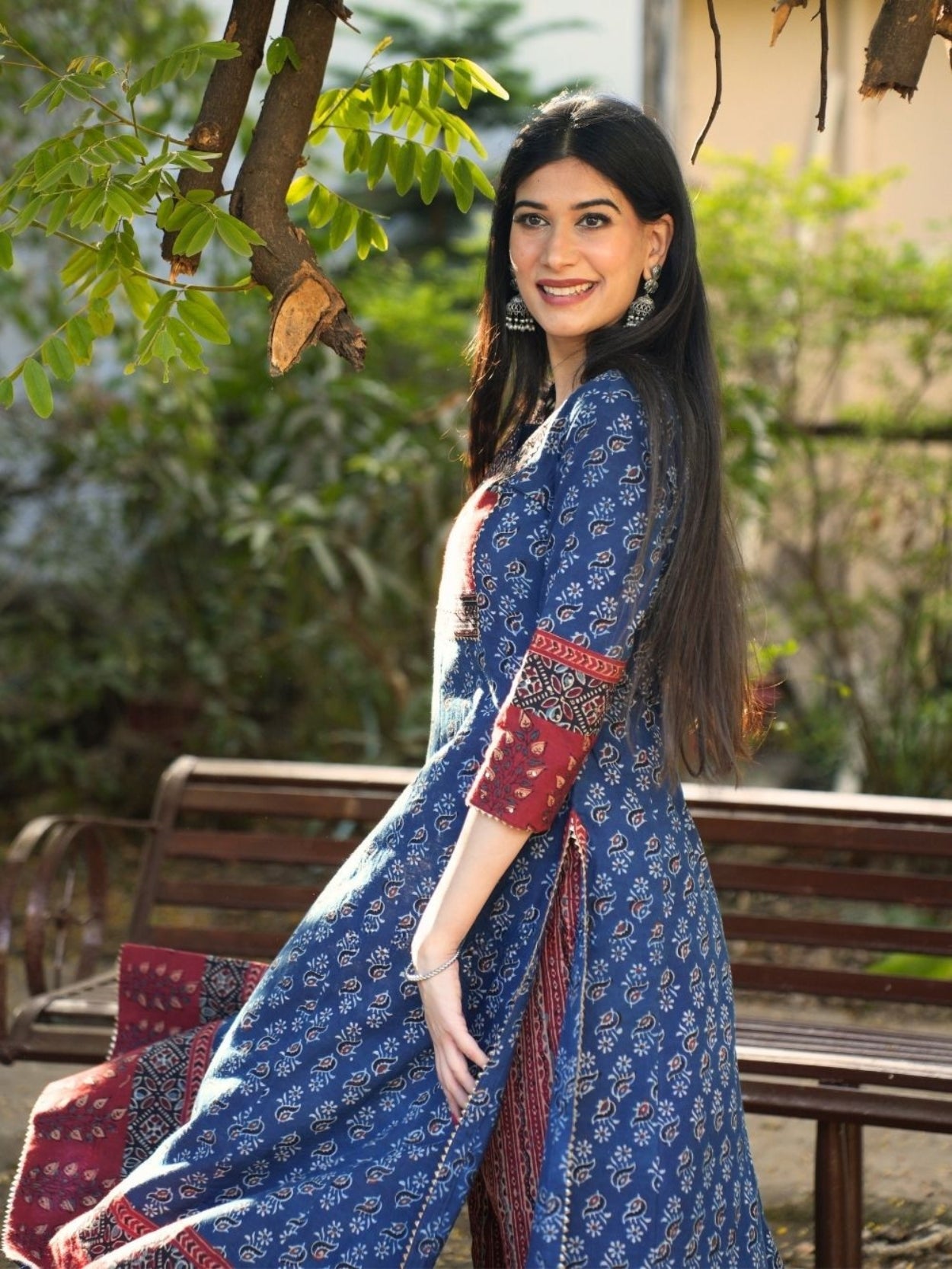 Noori Ajrakh Blue Cotton Flared Kurta Pant Set