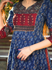 Noori Ajrakh Blue Cotton Flared Kurta Pant Set
