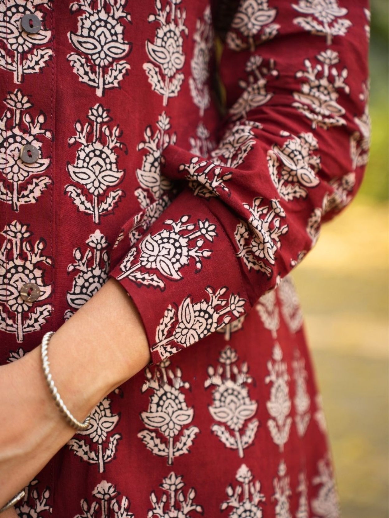 Rihanaa Maroon Cotton Block Printed Button-Down Dress