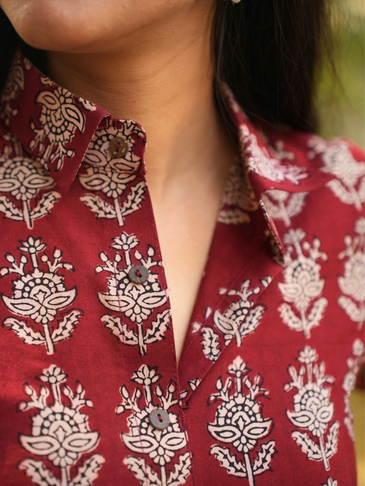 Rihanaa Maroon Cotton Block Printed Button-Down Dress