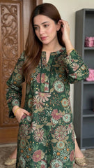 Zuri Cotton Silk Summer Floral Long Green Kurta