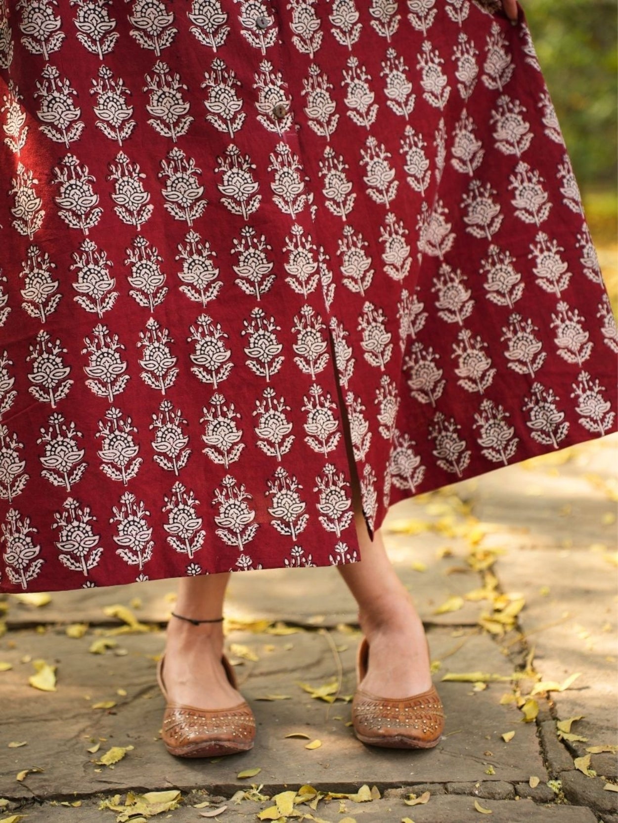 Rihanaa Maroon Cotton Block Printed Button-Down Dress