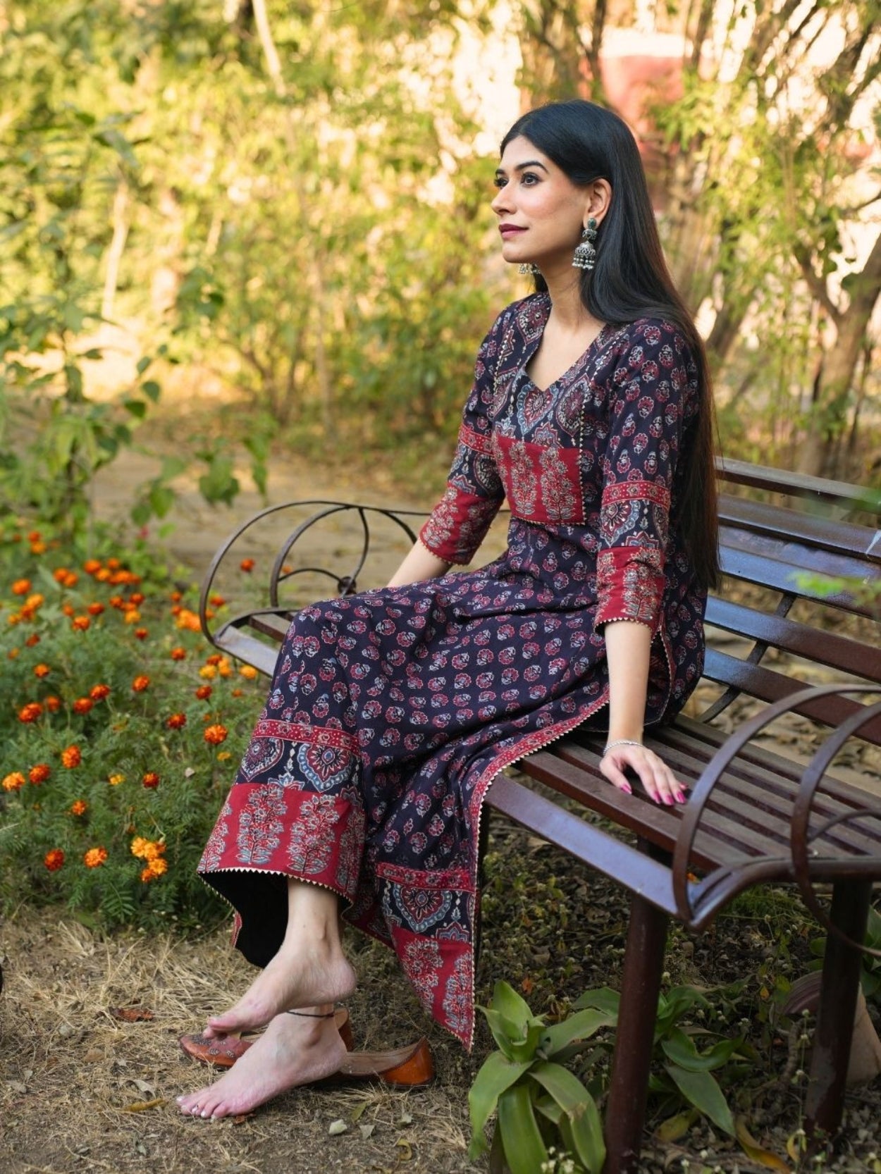 Noori Ajrakh Black Cotton Flared Kurta Pant Set