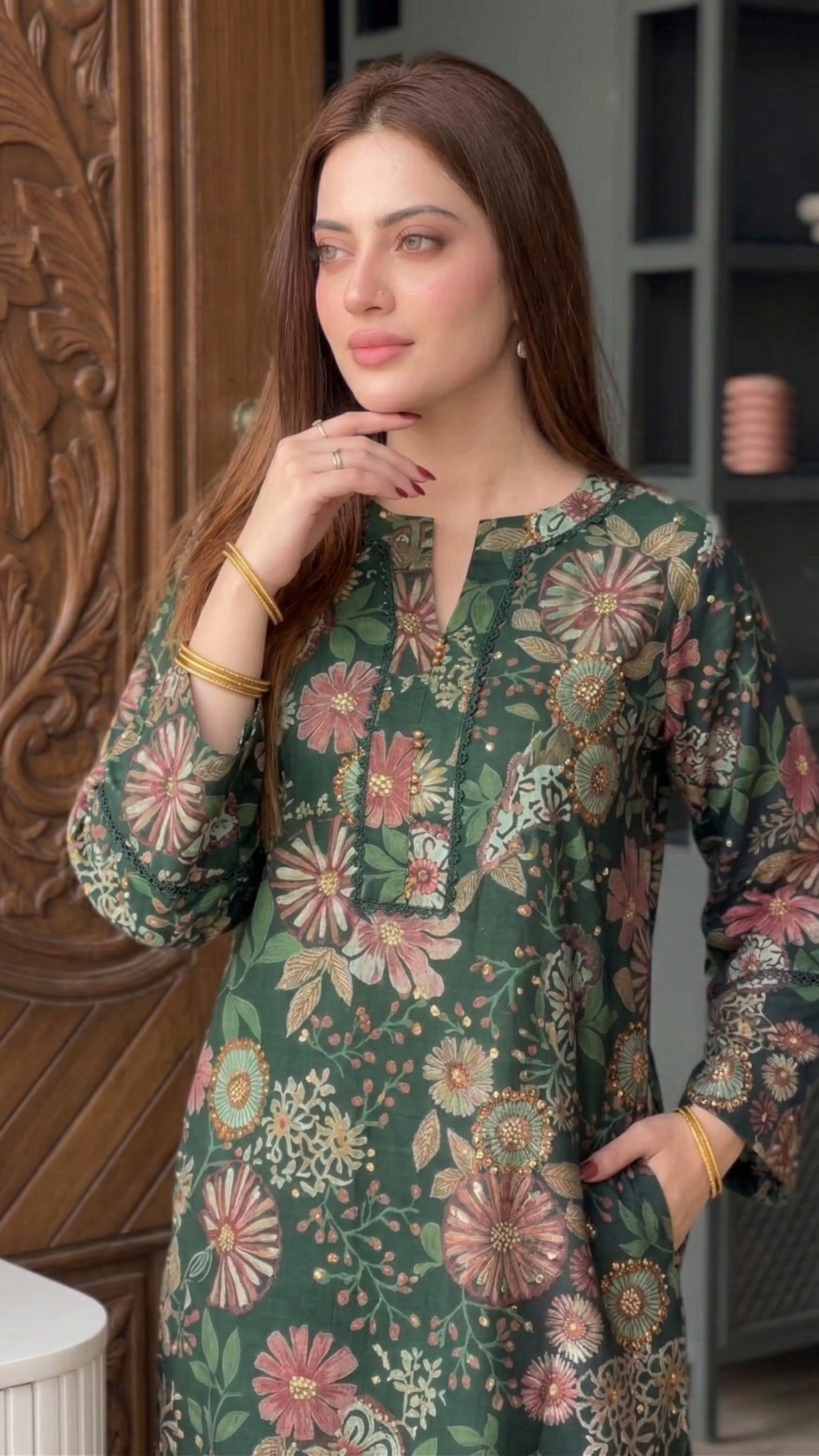 Zuri Cotton Silk Summer Floral Long Green Kurta