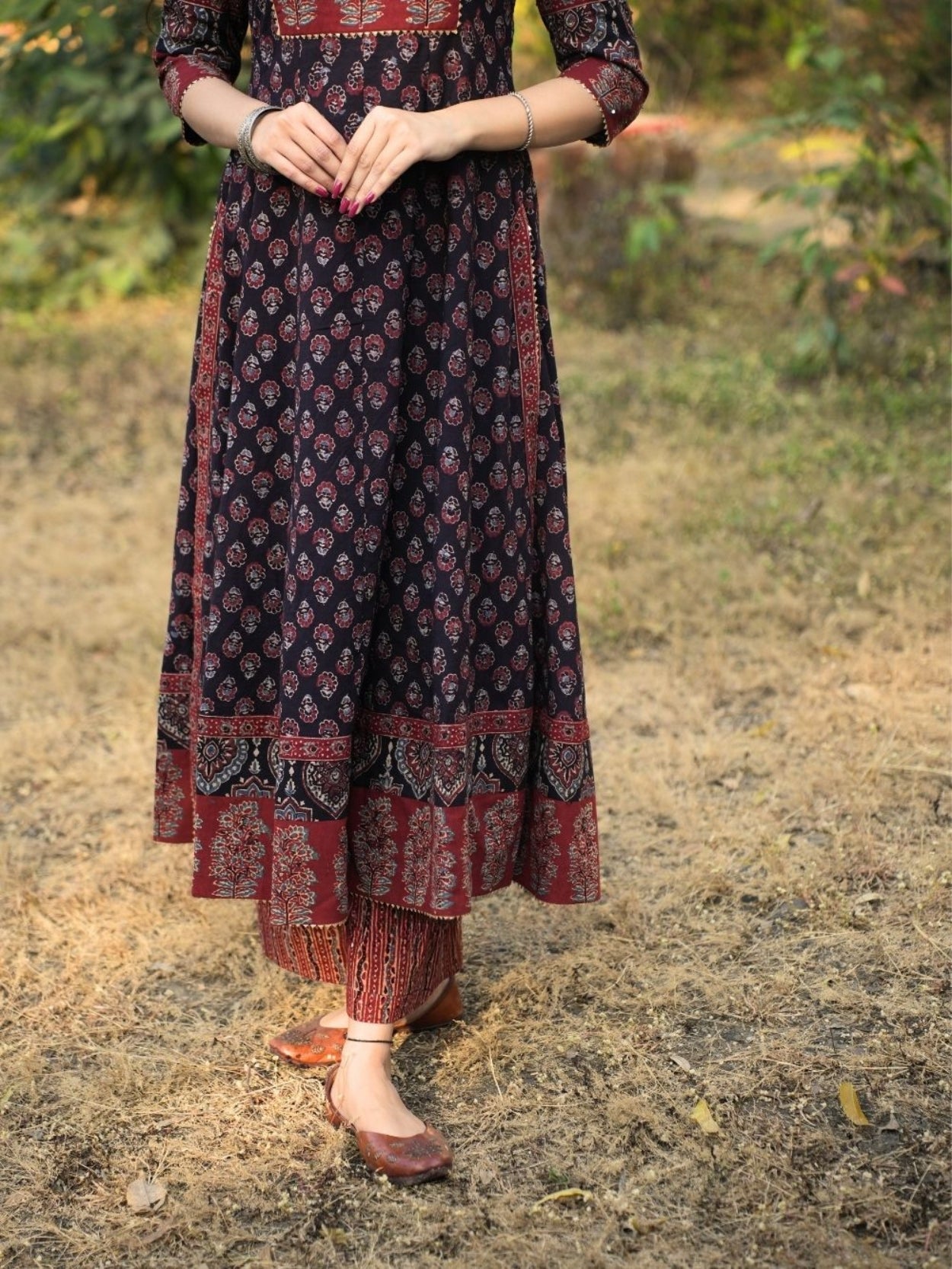 Noori Ajrakh Black Cotton Flared Kurta Pant Set