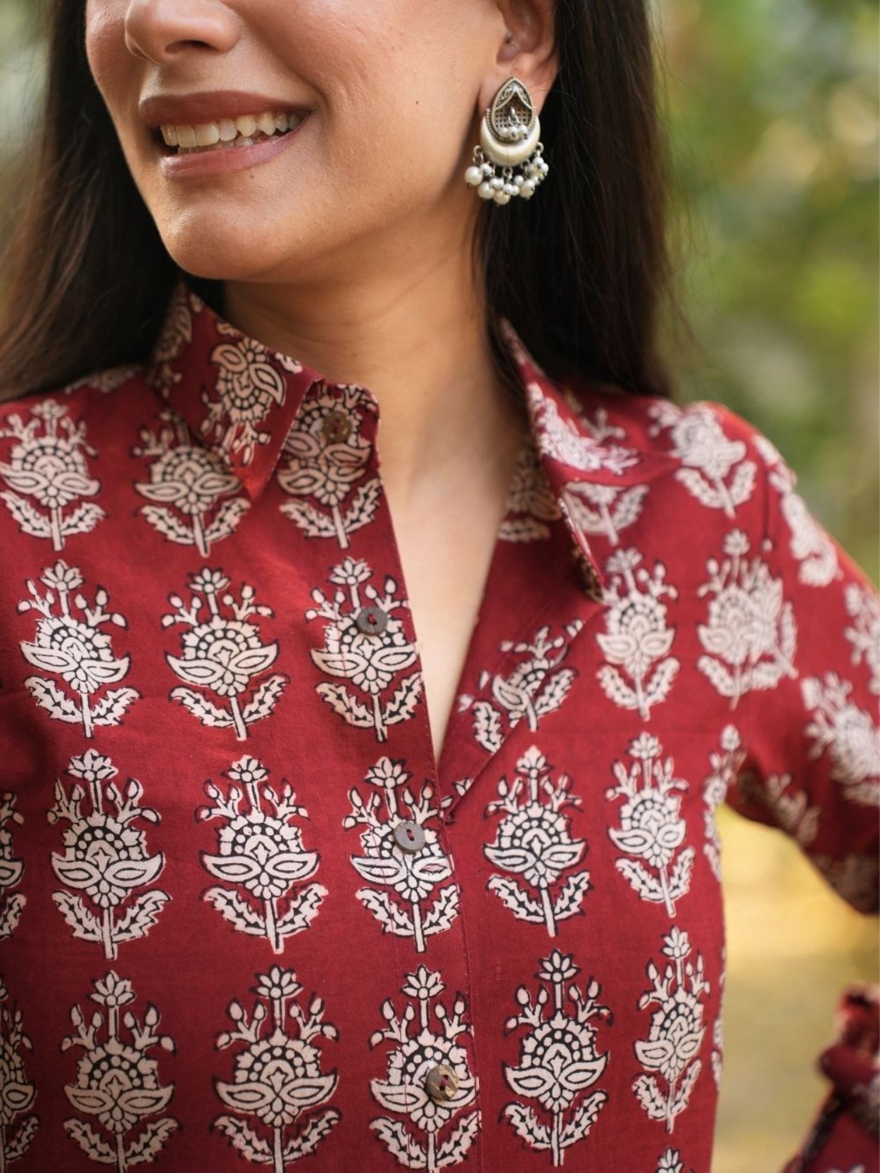 Rihanaa Maroon Cotton Block Printed Button-Down Dress