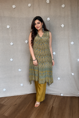 Raya Ajrakh Natural Crepe Silk Tail-Cut Kurta Pair