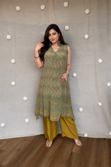 Raya Ajrakh Natural Crepe Silk Tail-Cut Kurta Pair