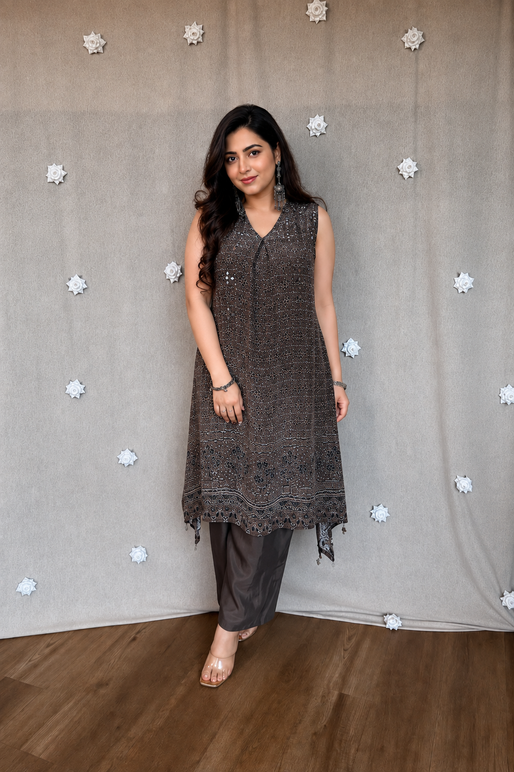 Raya Ajrakh Natural Crepe Silk Tail-Cut Kurta Pair