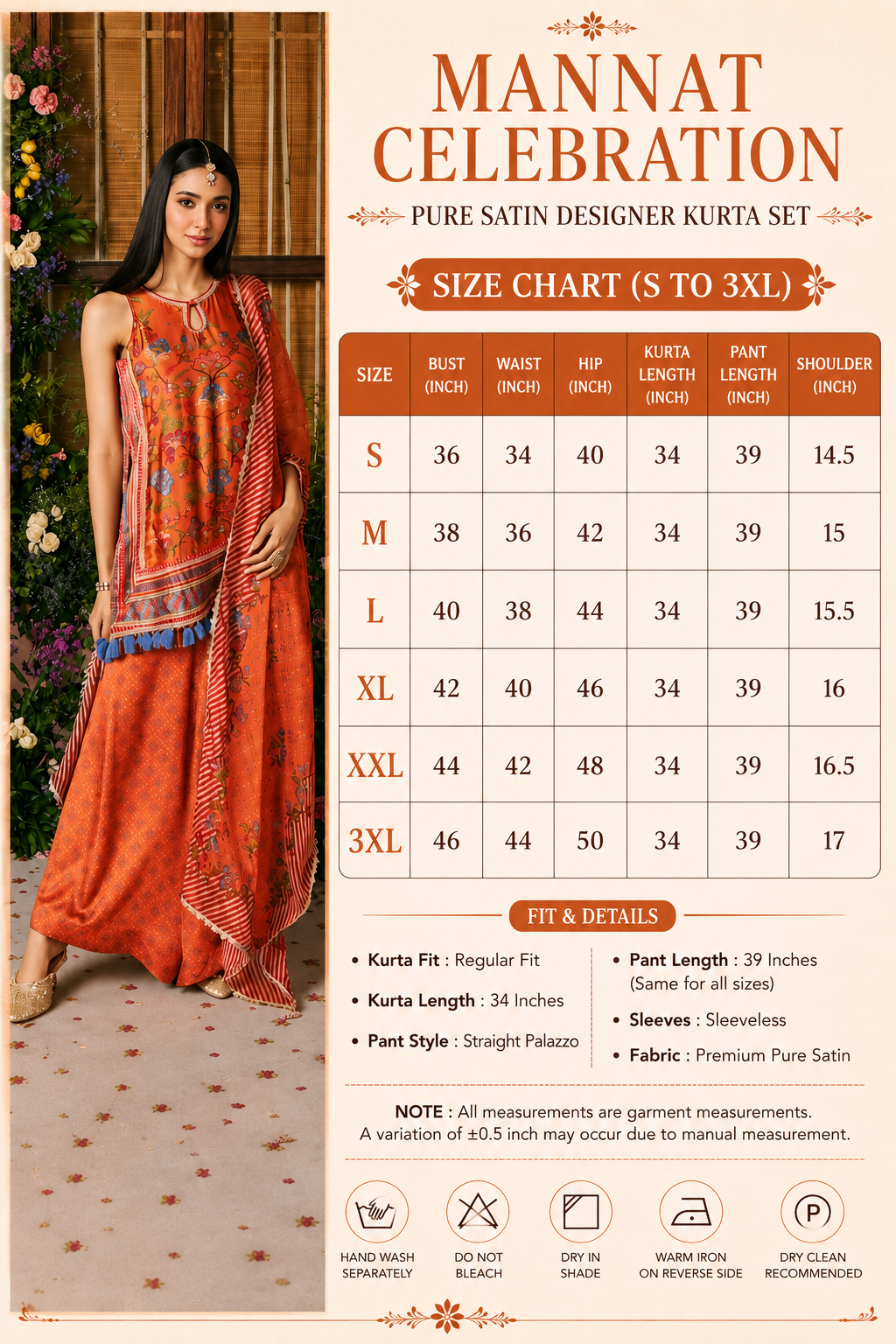 Mannat Celebration Pure Satin Designer Orange Kurta Set