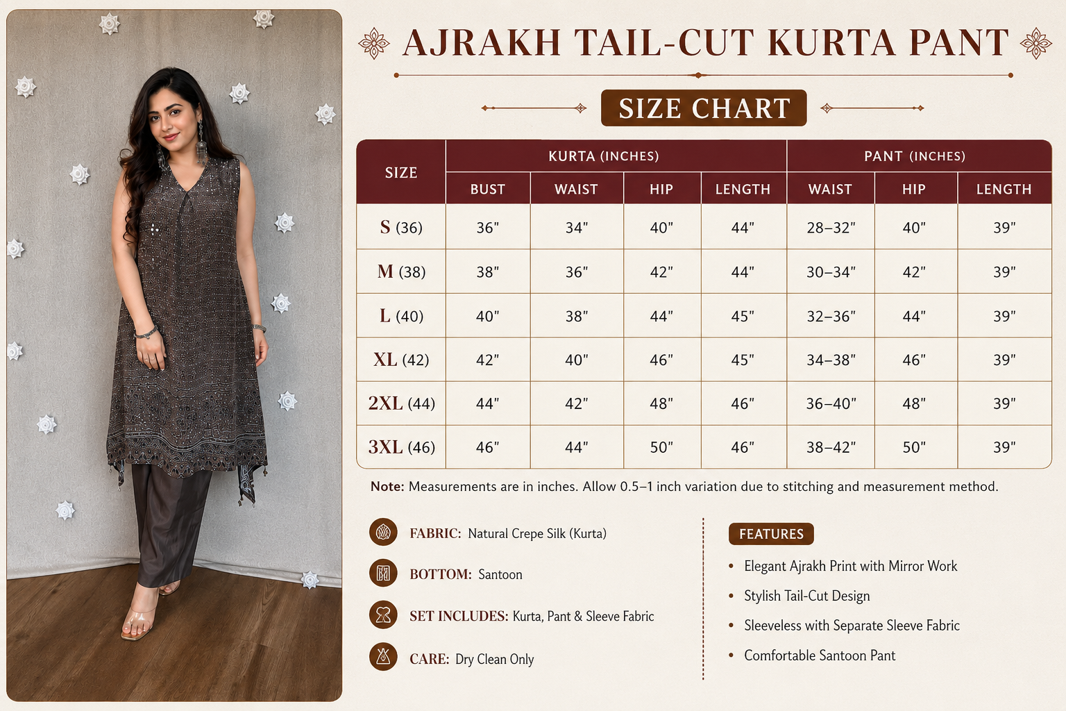 Raya Ajrakh Natural Crepe Silk Tail-Cut Kurta Pair