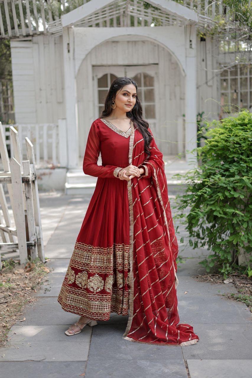Graceful Faux Blooming with Sequins Embroidered Multi-Sequins work Gown With Dupatta