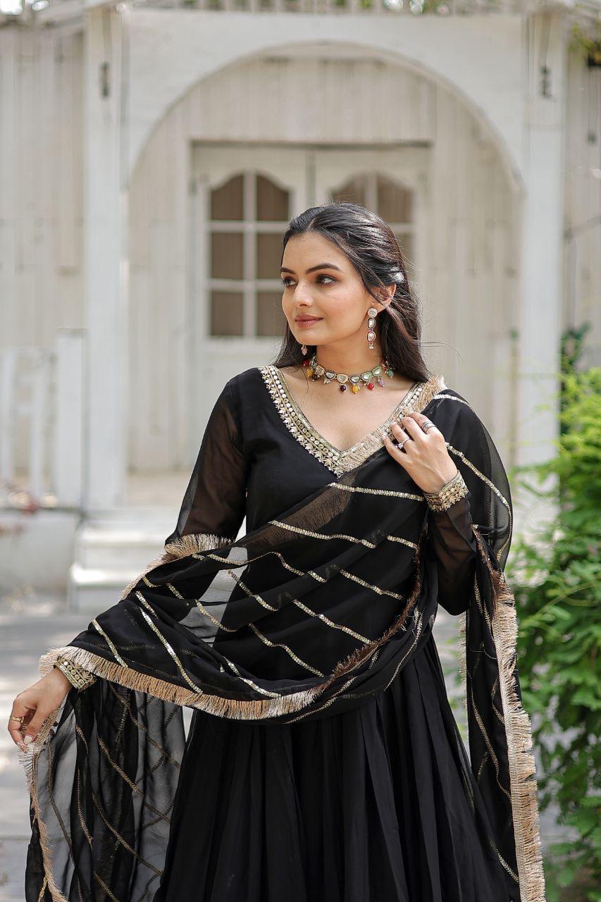 Graceful Faux Blooming with Sequins Embroidered Multi-Sequins work Gown With Dupatta