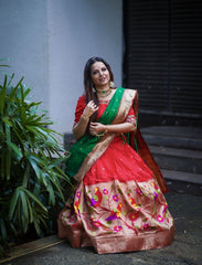 Pastel Red Jacquard Silk Weaving Zari Work Lehenga Choli Dupatta With Purse
