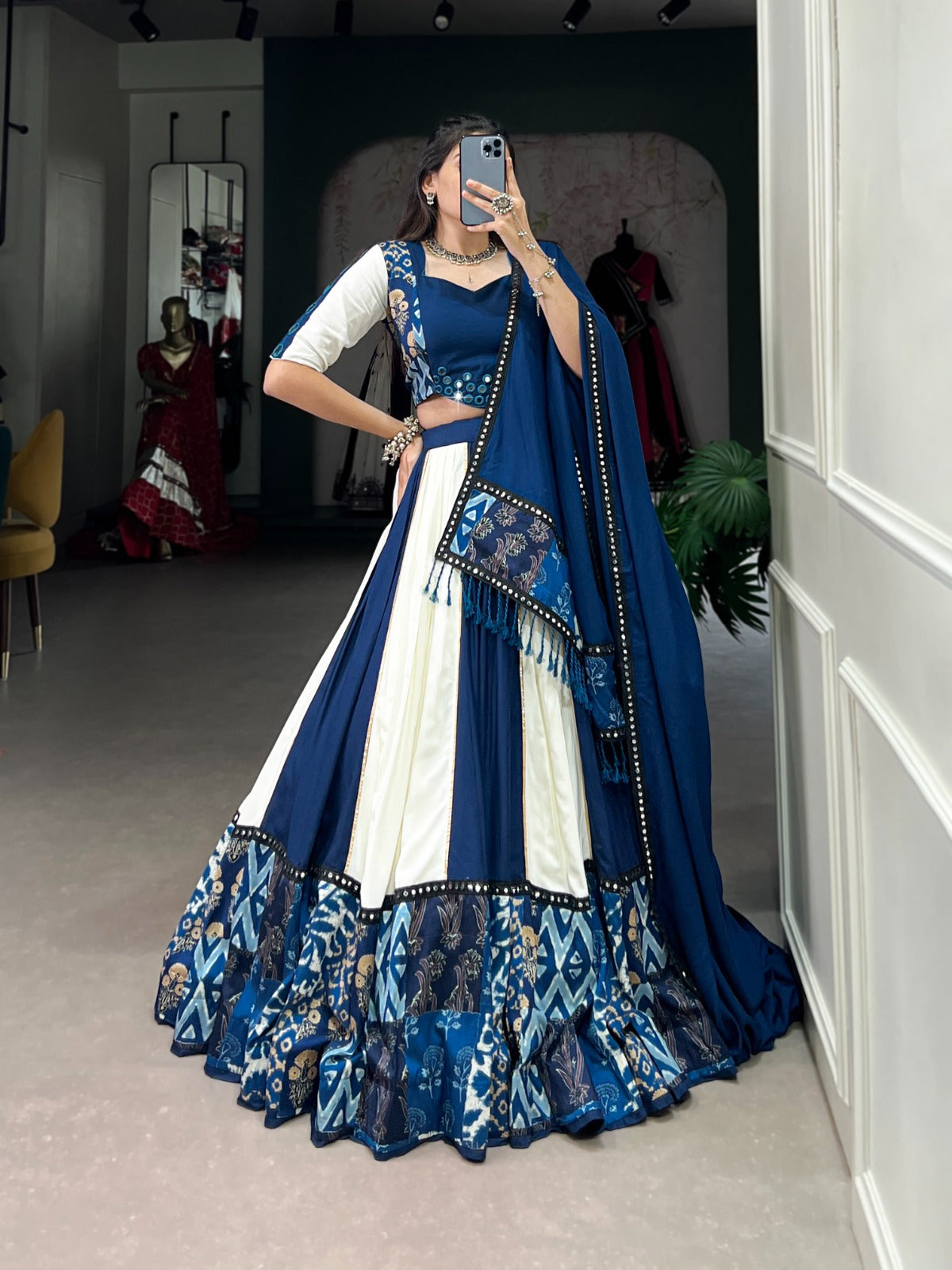 Graceful Pure Rayon Plain And Printed With Mirror Work Lace Lahengha Choli