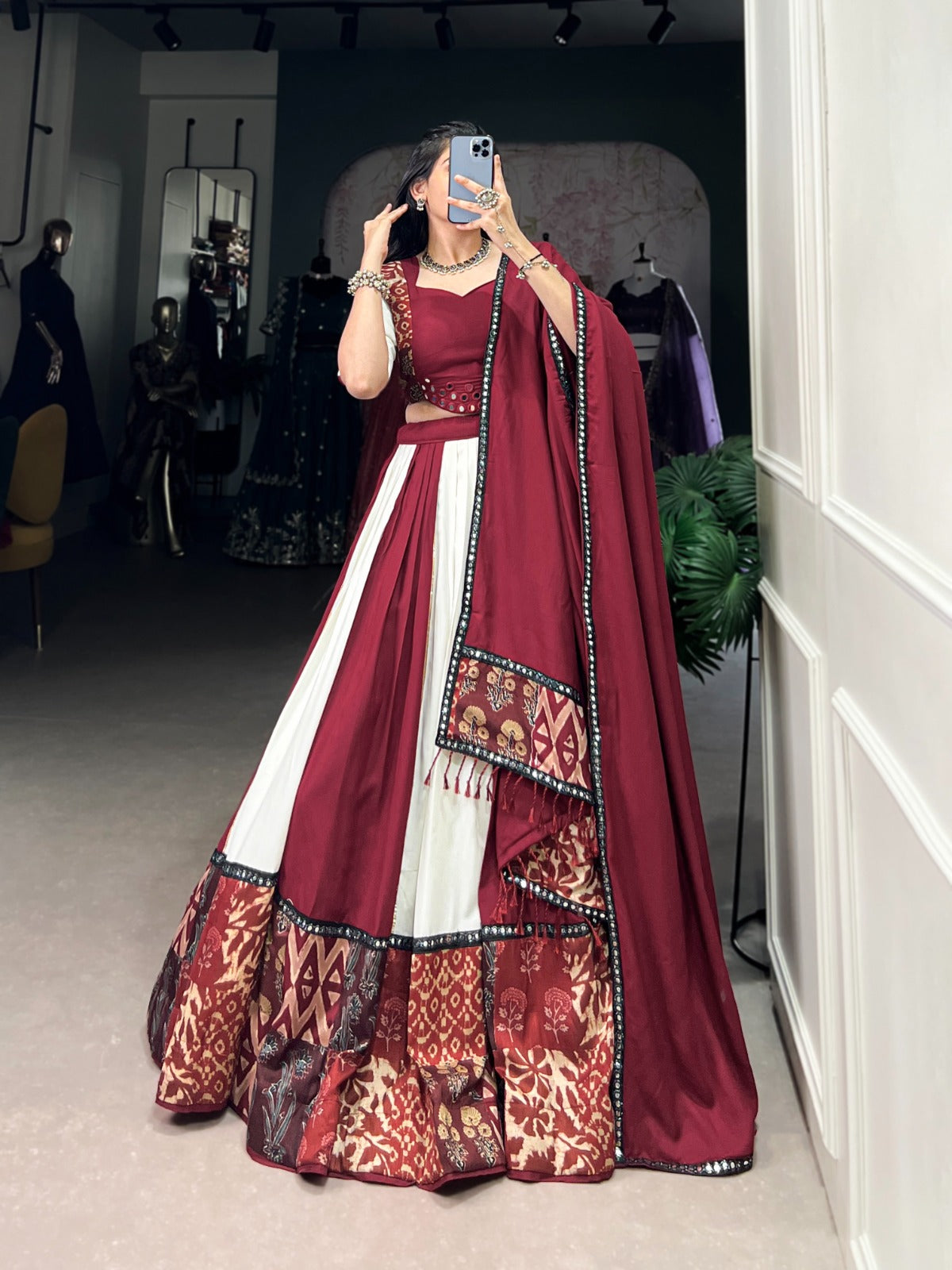 Graceful Pure Rayon Plain And Printed With Mirror Work Lace Lahengha Choli