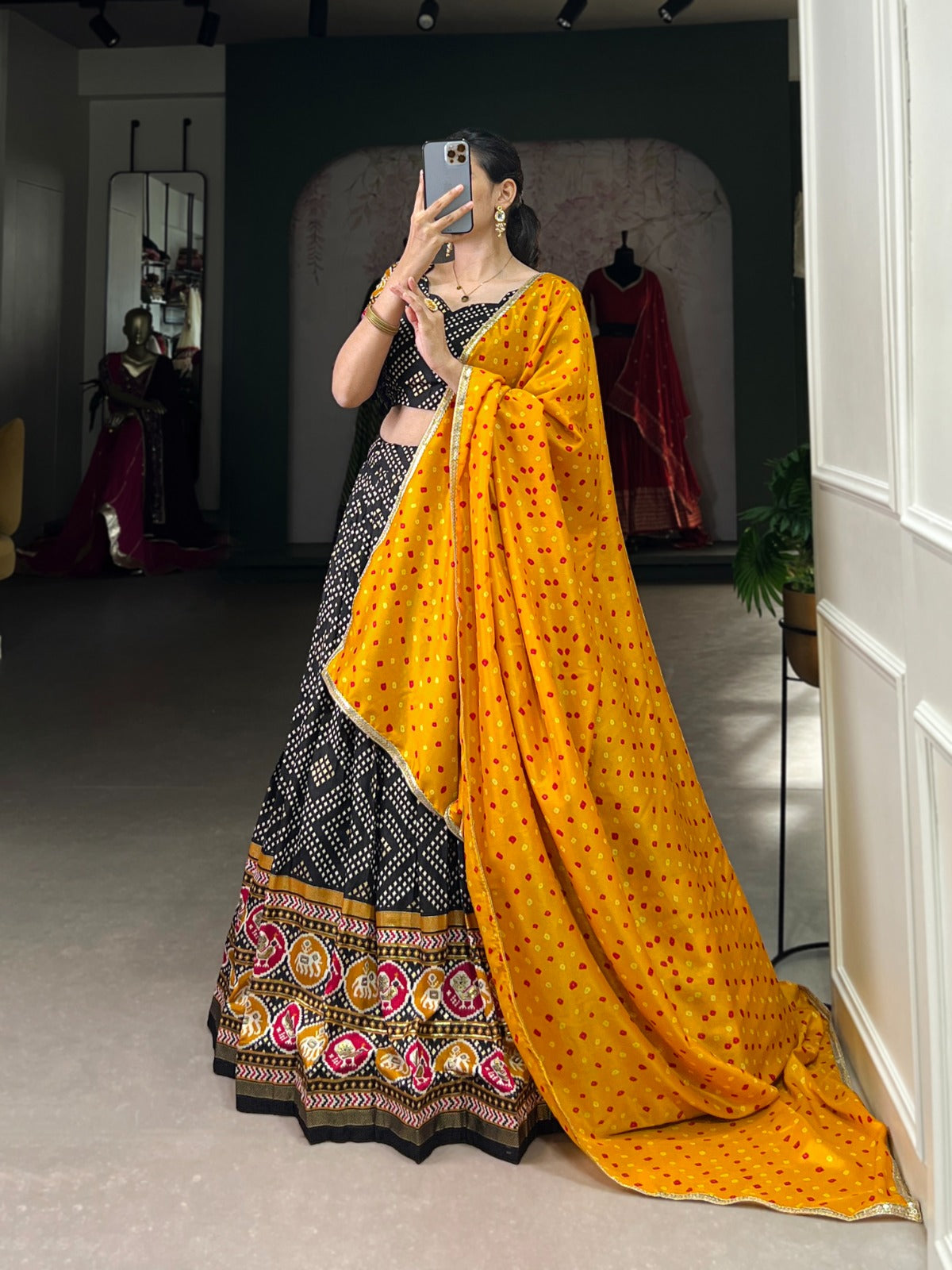 Exclusive Tussar Silk Bandhej With Patola Printed Lehenga Choli