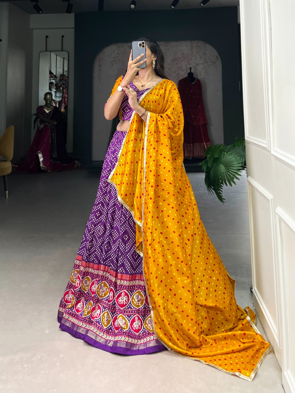 Exclusive Tussar Silk Bandhej With Patola Printed Lehenga Choli