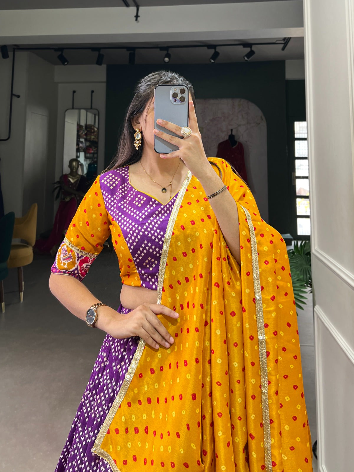 Exclusive Tussar Silk Bandhej With Patola Printed Lehenga Choli