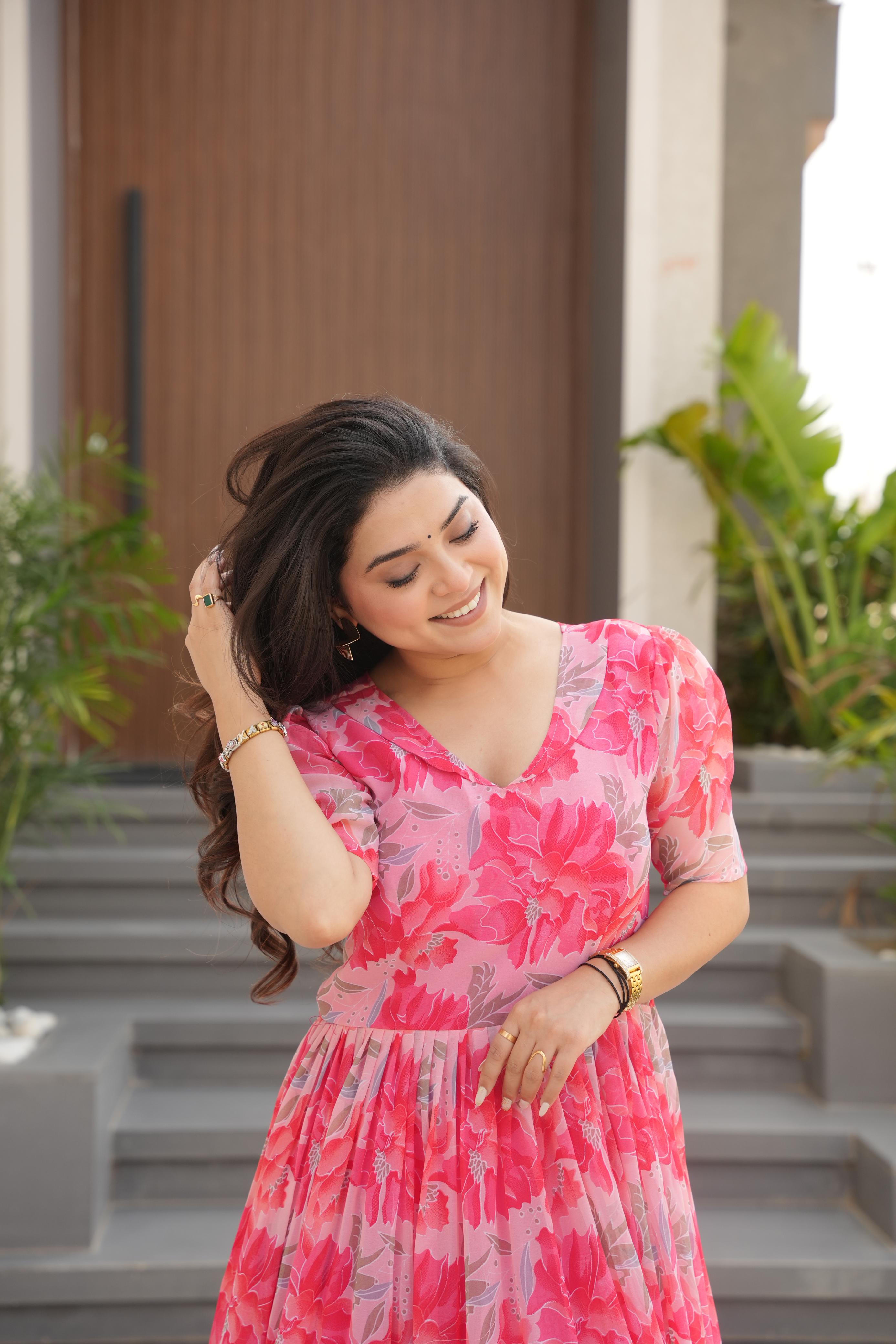 Flamingo Faux Georgette With print Maxi Gown