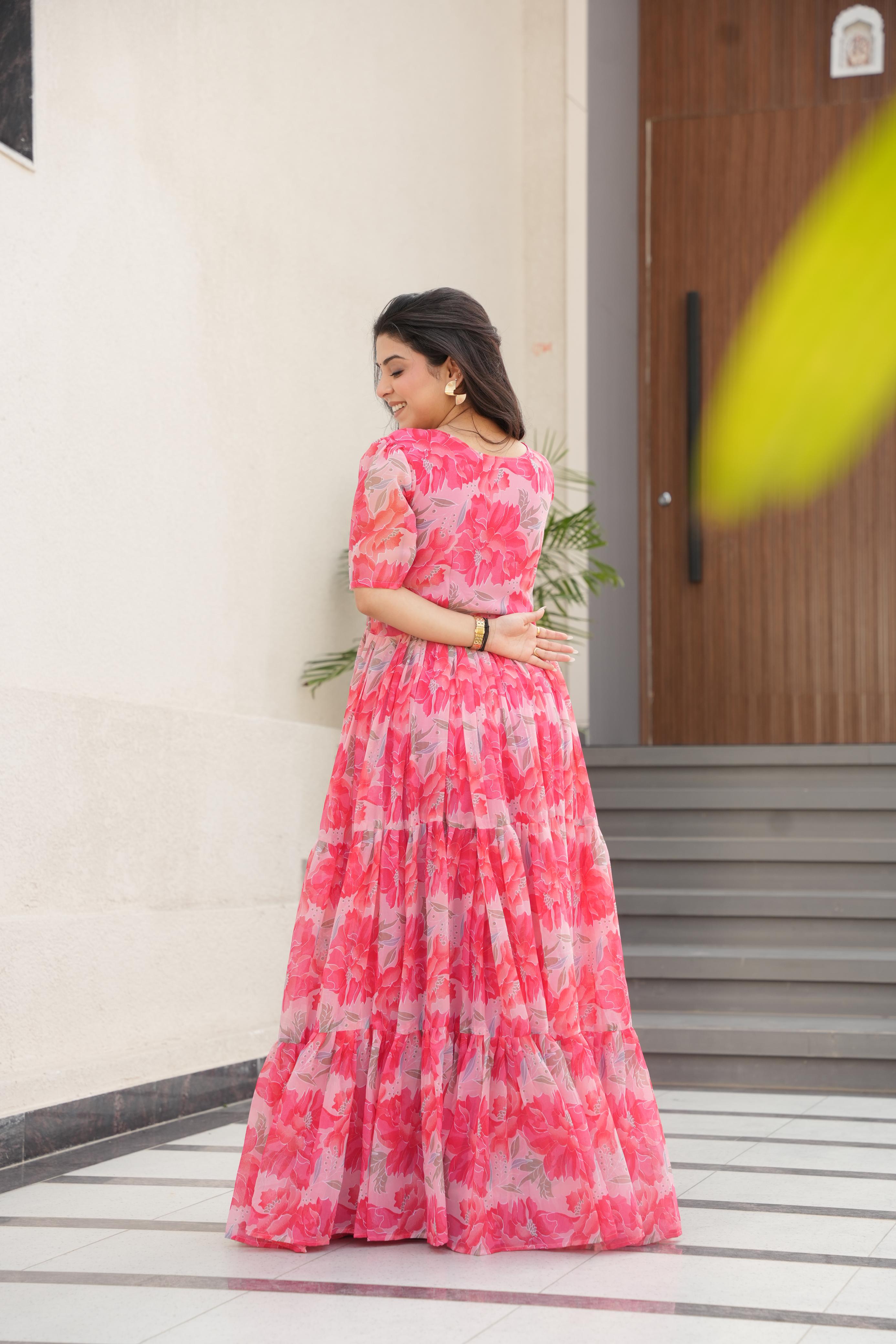 Flamingo Faux Georgette With print Maxi Gown