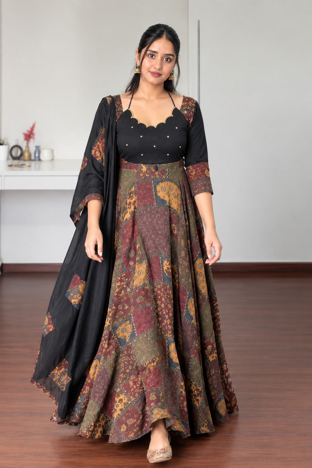 Madhu Ajrakh Patchwork Anarkali Designer Gown