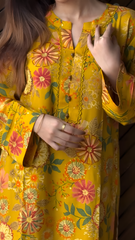 Zuri Cotton Silk Summer Floral Long Yellow Kurta