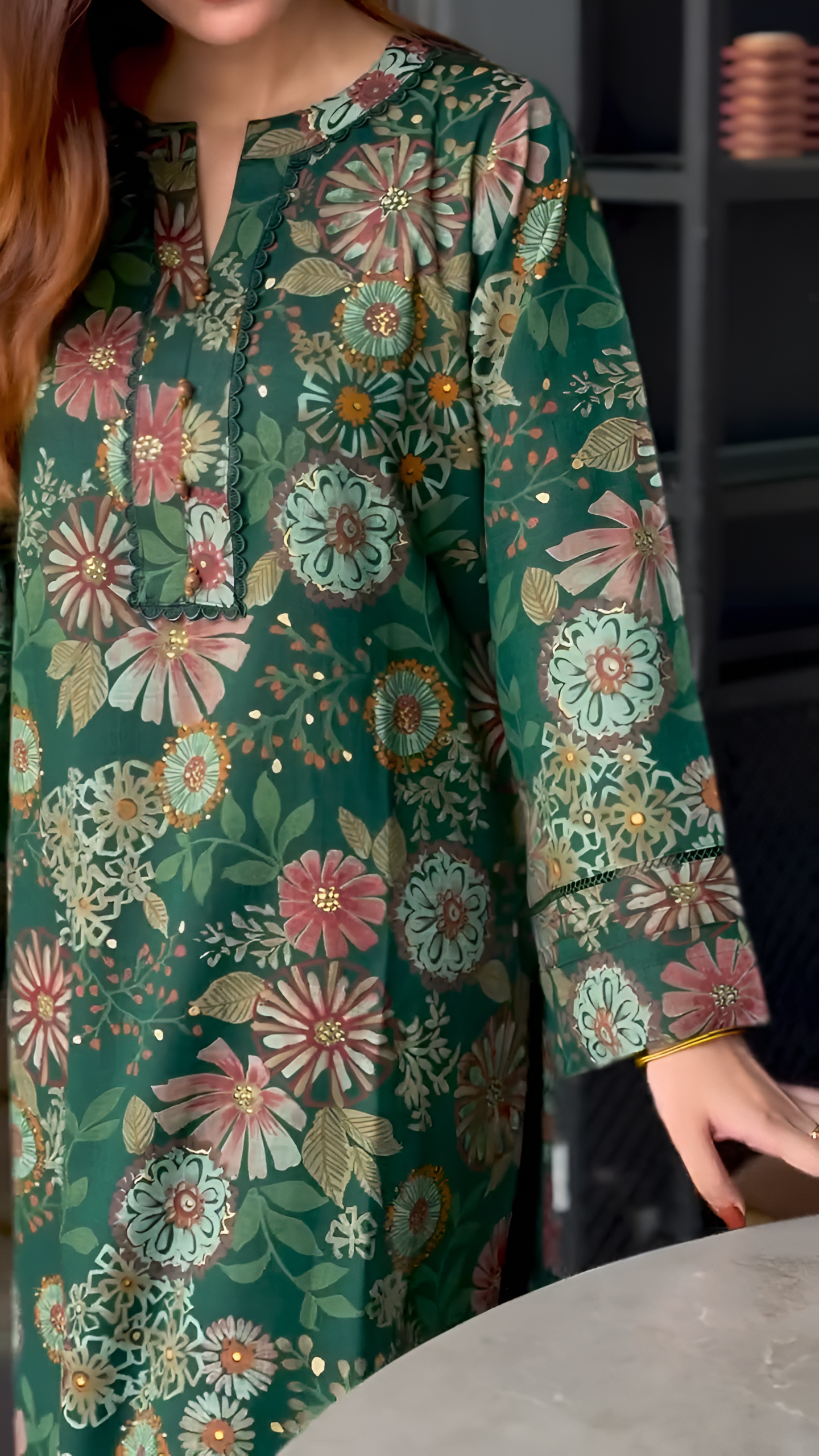 Zuri Cotton Silk Summer Floral Long Green Kurta
