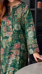 Zuri Cotton Silk Summer Floral Long Green Kurta