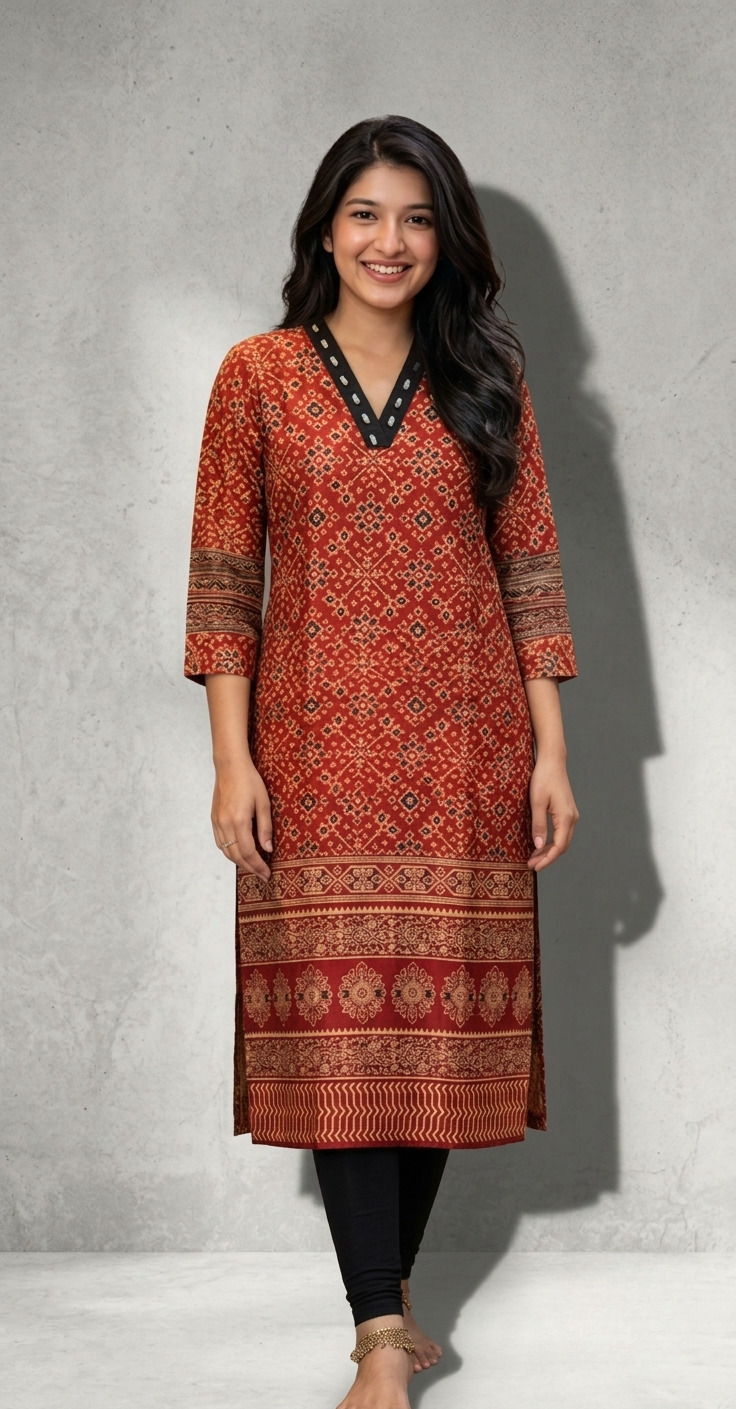 Mahi Ajrakh Printed Real Mirror A-Line kurtis