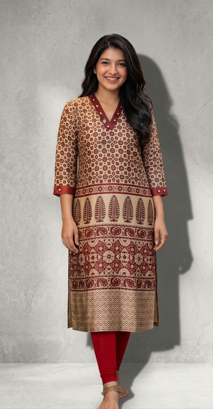 Mahi Ajrakh Printed Real Mirror A-Line kurtis