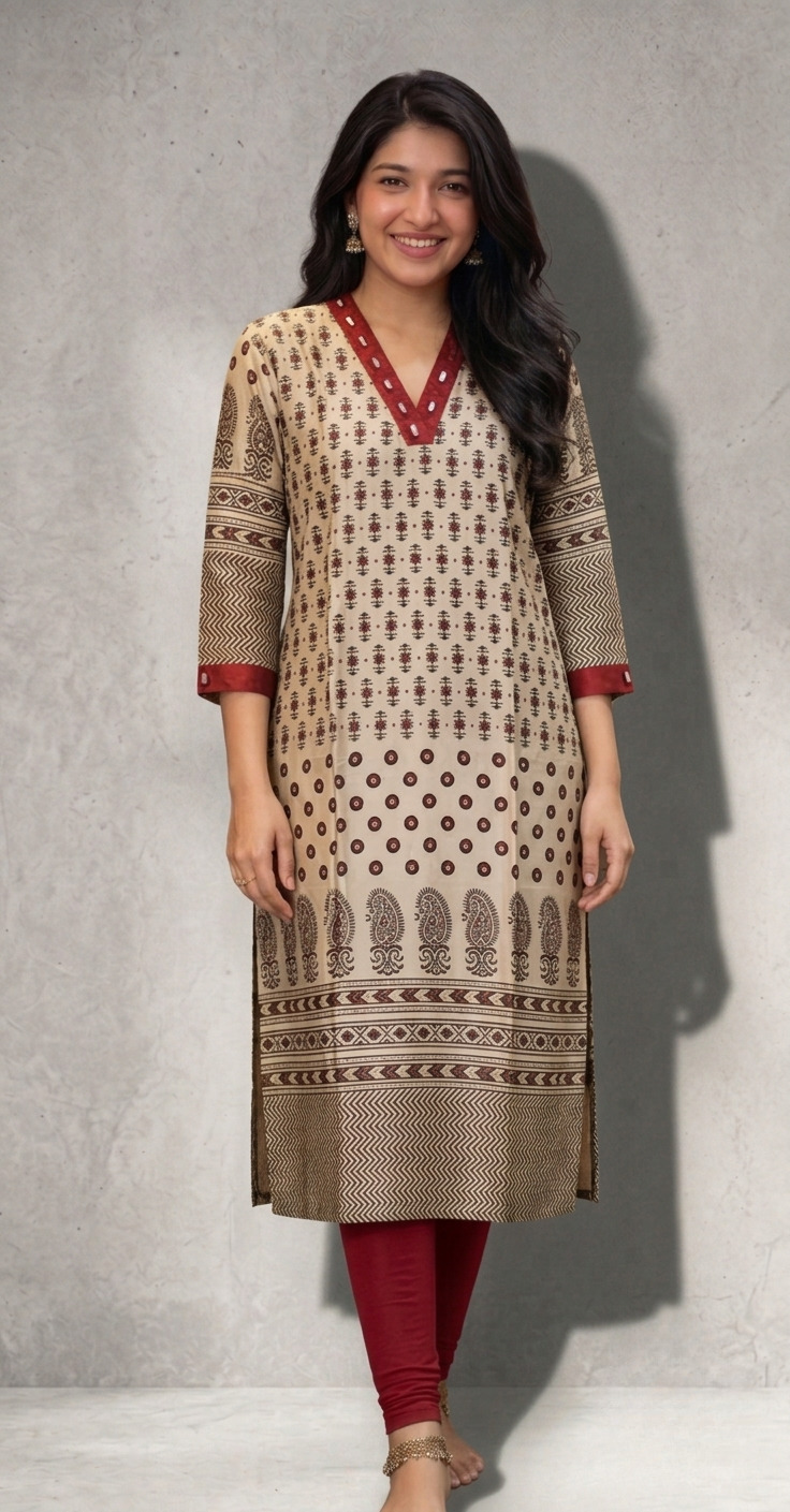 Mahi Ajrakh Printed Real Mirror A-Line kurtis
