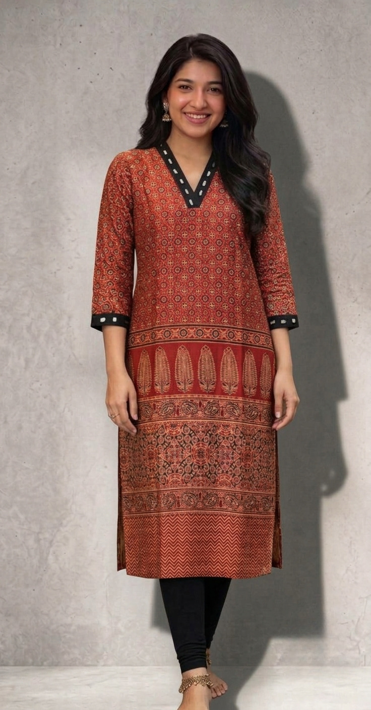 Mahi Ajrakh Printed Real Mirror A-Line kurtis