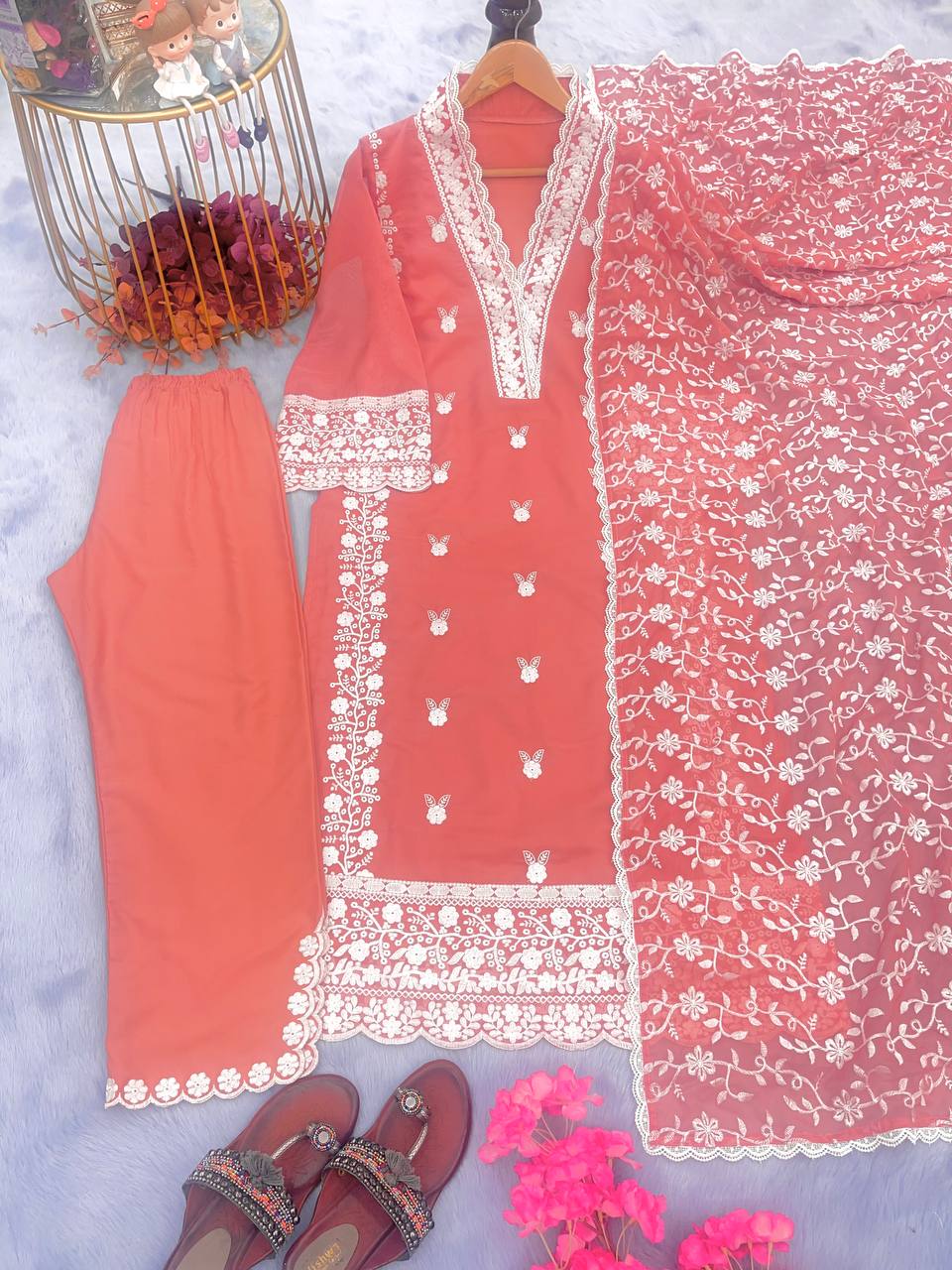 Peach Soft Tabby Organza Silk Embroidery Work Top Bottom With Dupatta Set